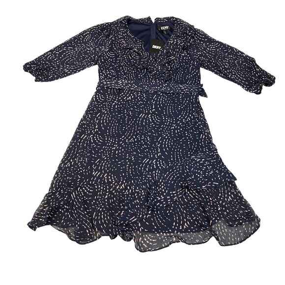 DKNY Dress Women's 12 Navy Pink Sheer Balloon Sleeve Lined Tie Waist Back Zip - Picture 13 of 16